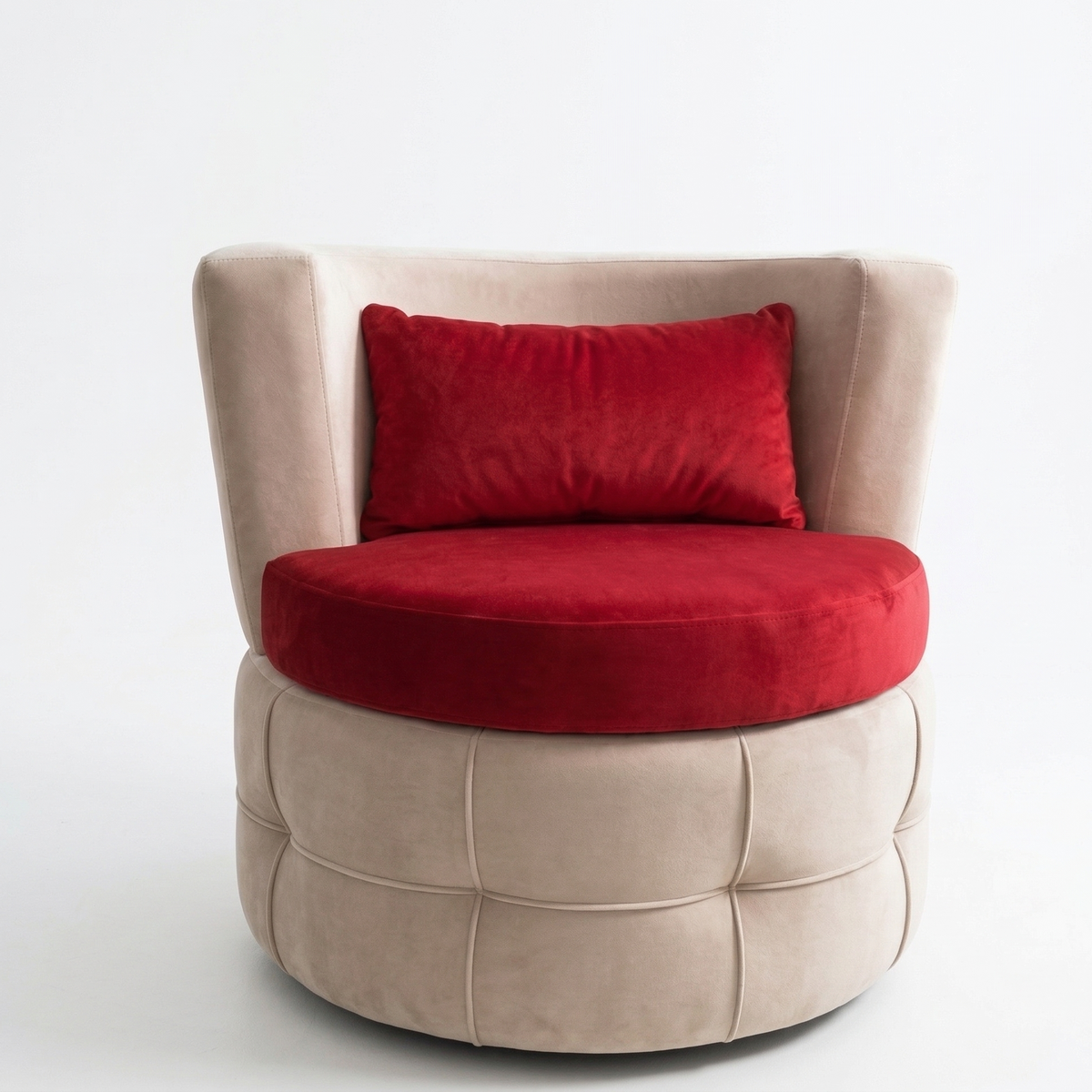 Beige armchair with a red cushion on a white background