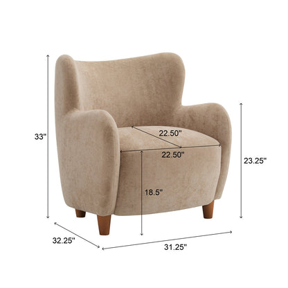 Beige armchair with dimensions marked on a white background