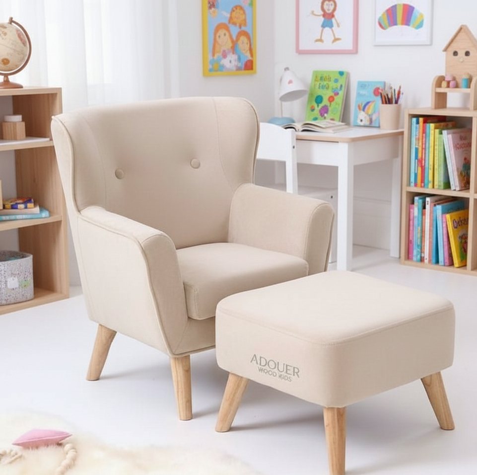 Beige armchair with ottoman in a child's room with books and toys.