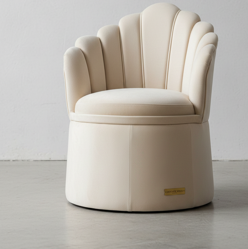 Beige armchair with scalloped backrest on a light gray background