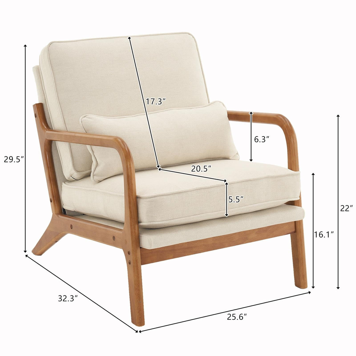 Beige armchair with wooden frame and dimensions marked on a white background