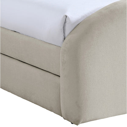 Beige bed skirt on a bed with white bedding