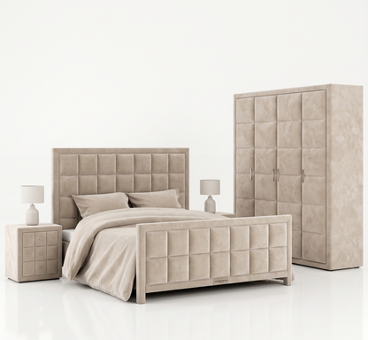 Beige bedroom set with bed, wardrobe, and nightstands on a white background