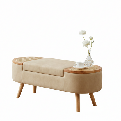 Beige bench with wooden accents and a small table on a white background