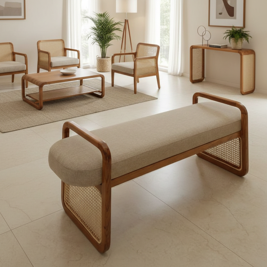 Beige bench with wooden frame in a modern living room setting