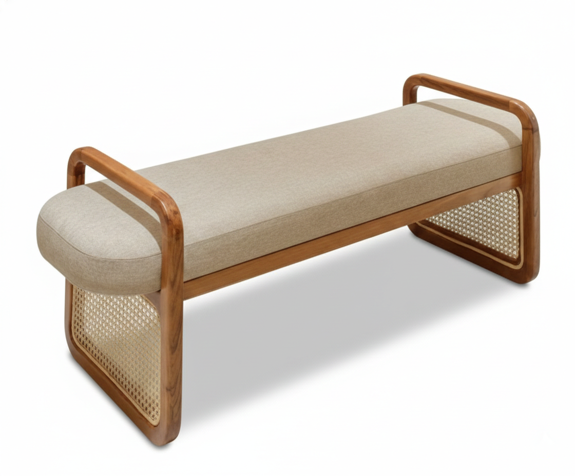 Beige bench with wooden frame and woven sides on a white background