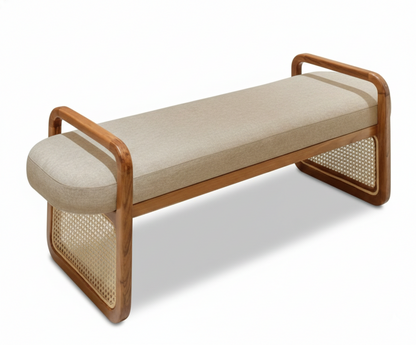 Beige bench with wooden frame and woven sides on a white background