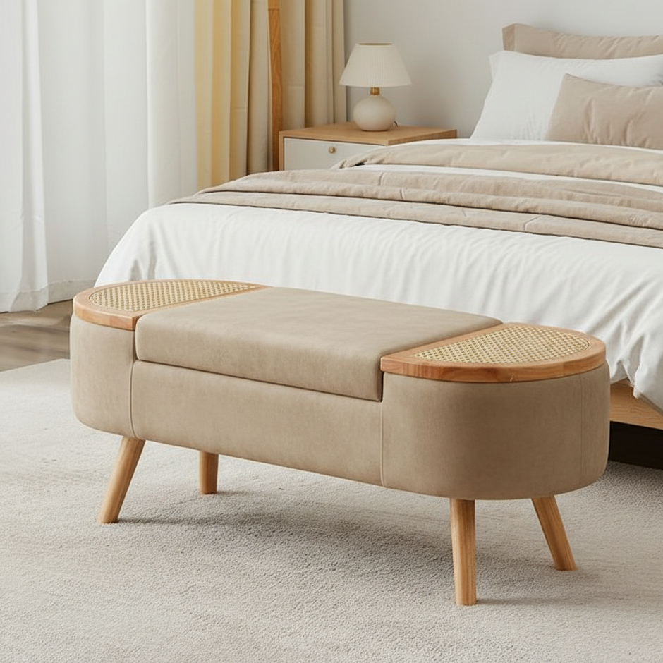 Beige ottoman with wooden accents in a bedroom setting