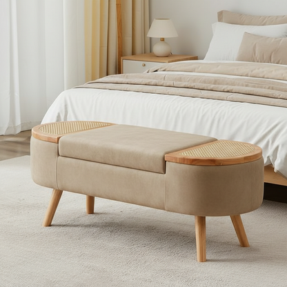Beige ottoman with wooden accents in a bedroom setting