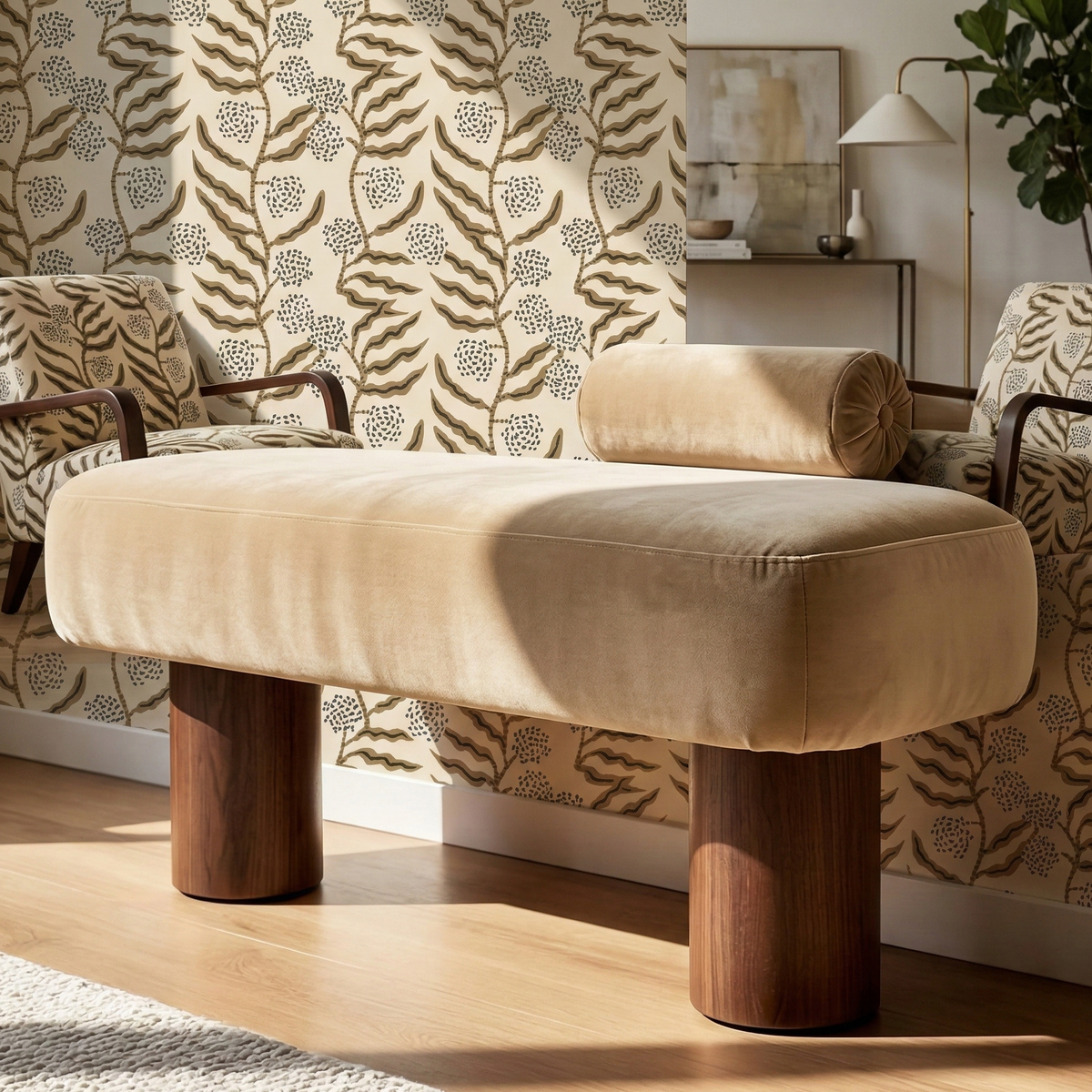 Beige ottoman with wooden legs in a room with patterned wallpaper and furniture.
