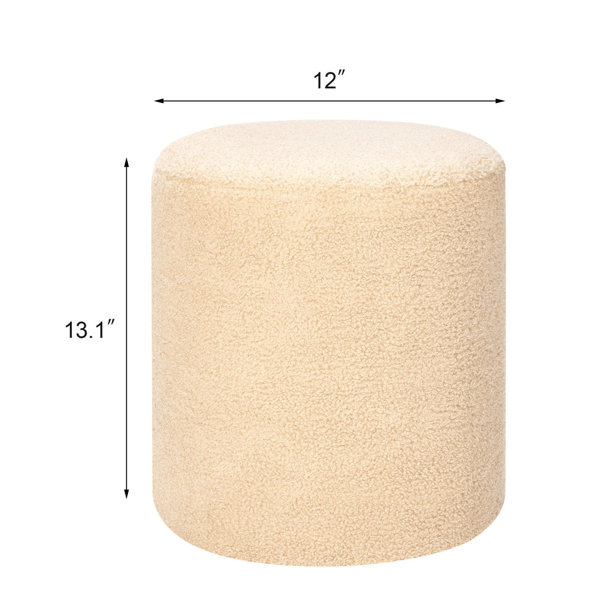 Beige pouf with dimensions labeled on a white background