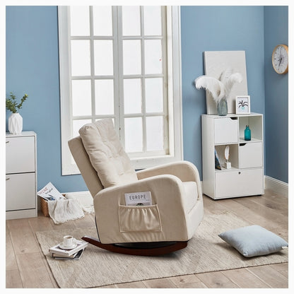 Beige recliner chair in a room with blue walls and white furniture.