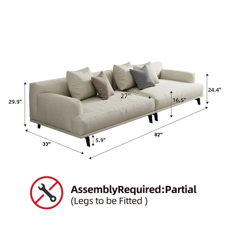 Beige sectional sofa with dimensions and assembly instructions on a white background