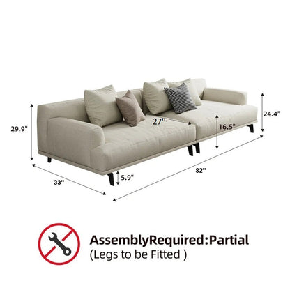 Beige sectional sofa with dimensions and assembly instructions on a white background