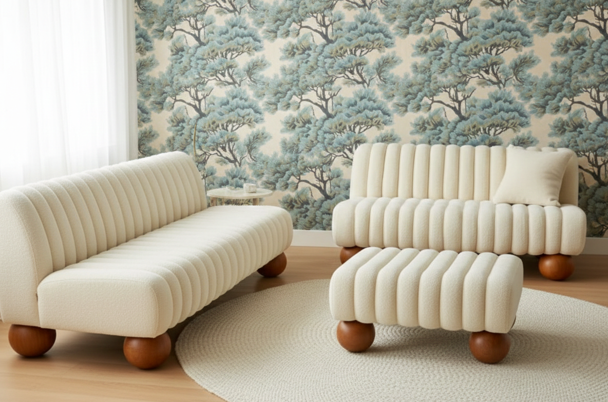 Beige sofa, armchair, and ottoman set in a room with tree-patterned wallpaper.