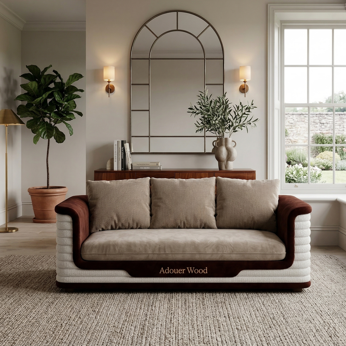 Beige sofa with brown accents in a living room setting, ADOUER WOOD' branding.