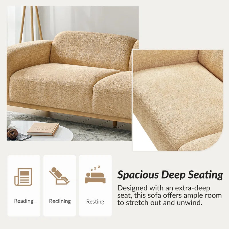 Beige sofa with deep seating design in a living room setting