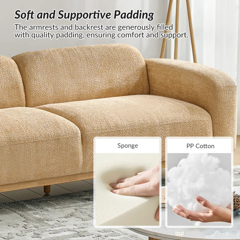 Beige sofa with soft and supportive padding, showing sponge and PP cotton textures.