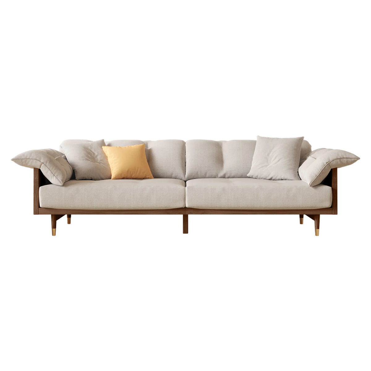 Beige sofa with wooden frame and decorative pillows on a white background