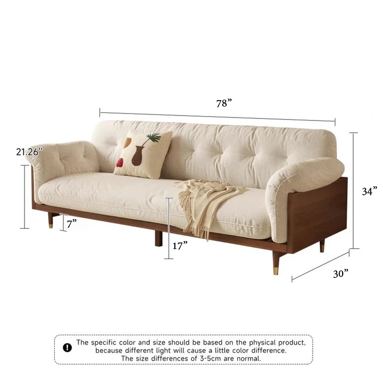 Beige sofa with wooden legs and measurements on a white background