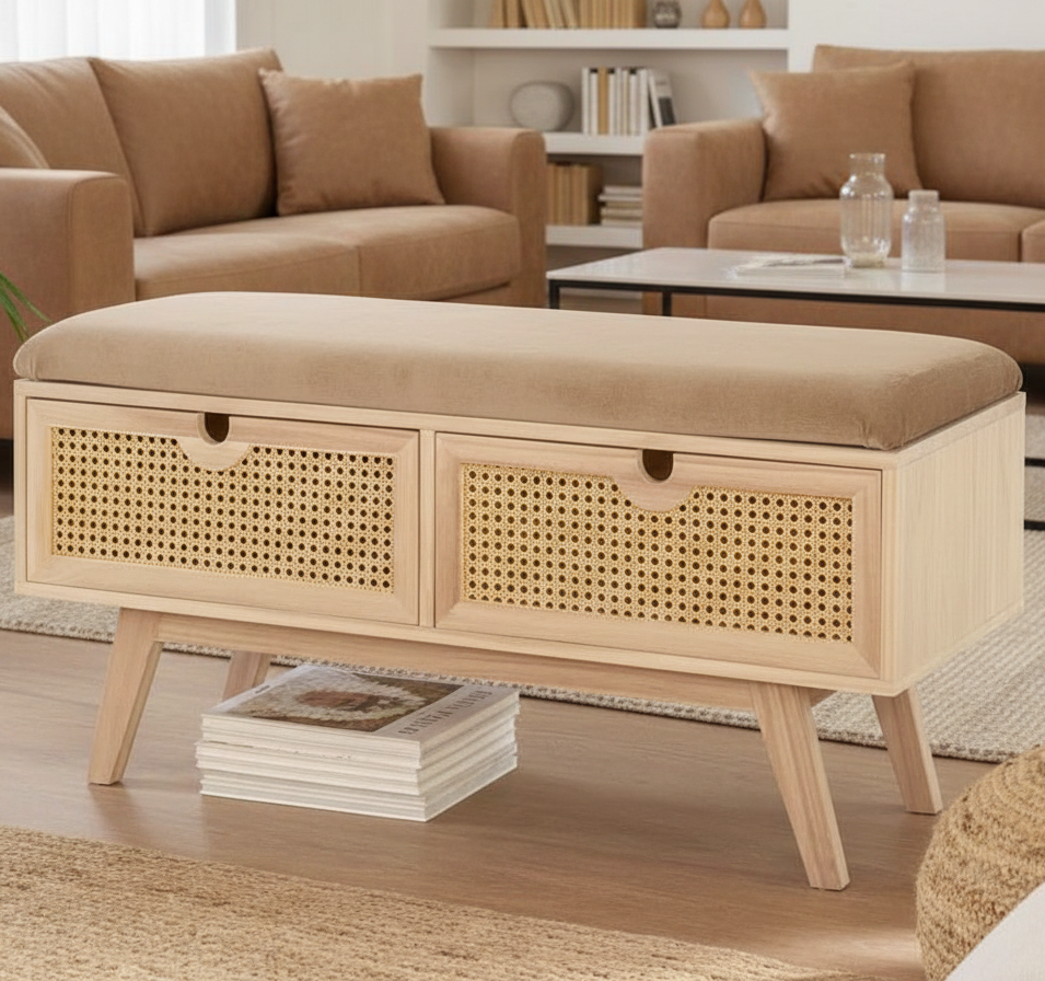 Beige storage bench with wicker design in a living room setting