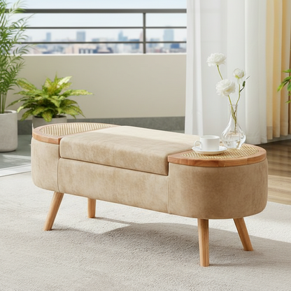 Beige storage bench with wooden top in a modern living room setting