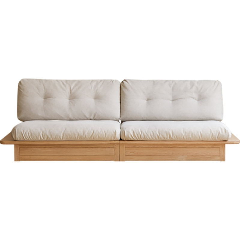 Beige storage sofa with wooden frame on a white background