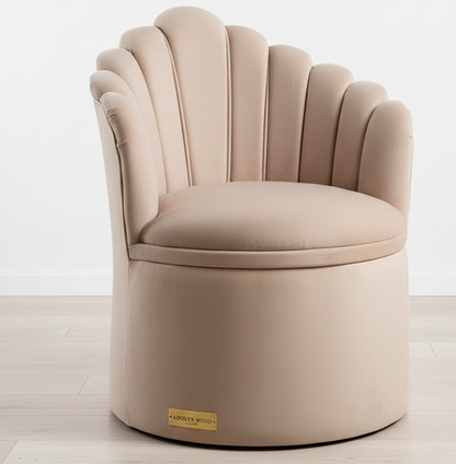Beige swivel chair with scalloped backrest on a white background