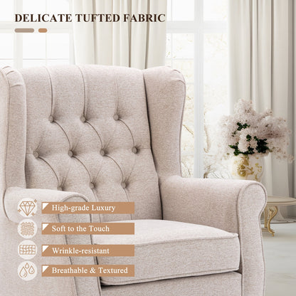 Beige tufted armchair with text highlighting fabric features in a bright room.