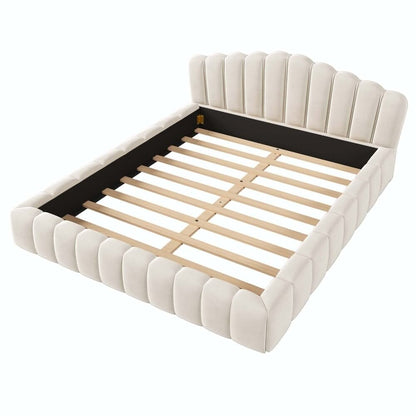 Beige upholstered bed frame with wooden slats on a white background