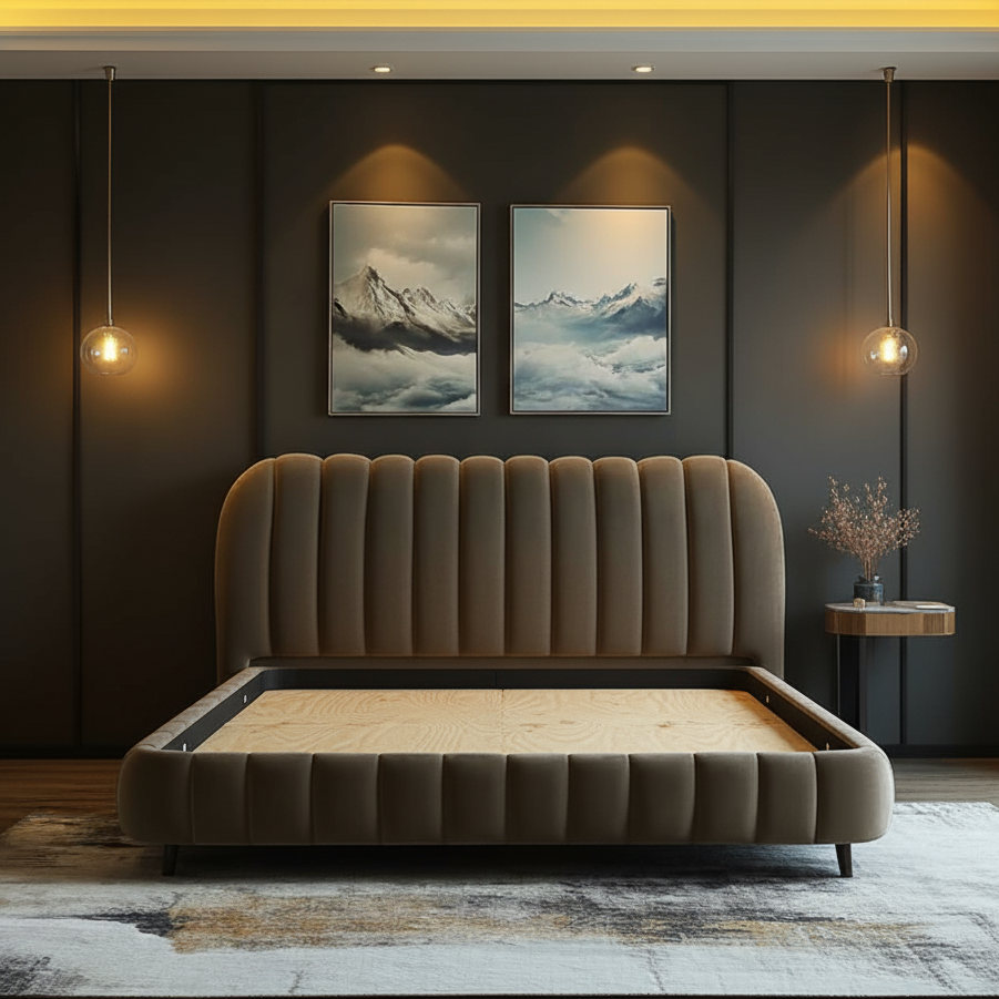 Beige upholstered bed in a modern bedroom with dark walls and decorative lighting.