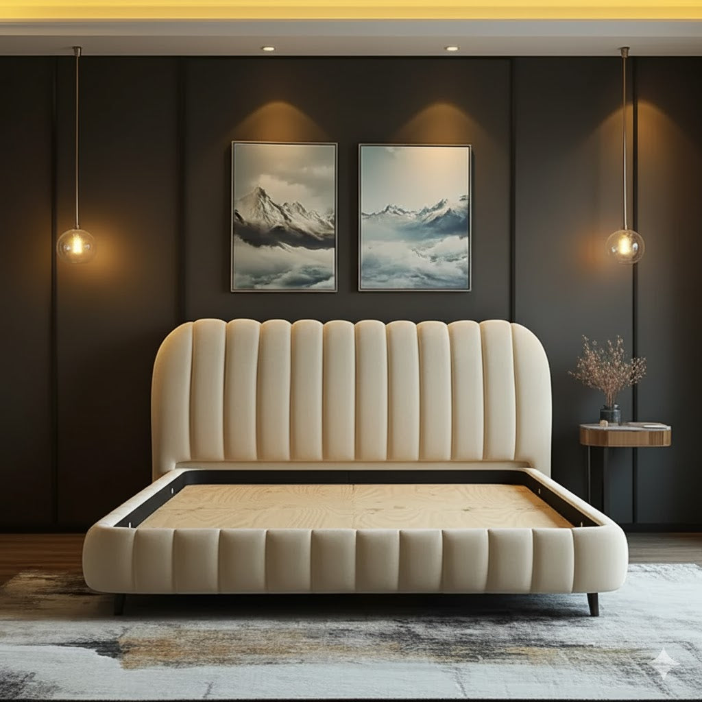 Beige upholstered bed in a modern bedroom with dark walls and decorative lighting.