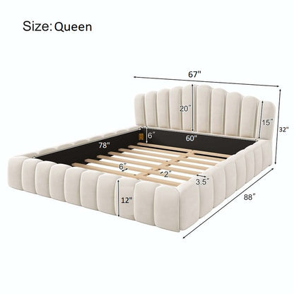 Beige upholstered bed with dimensions labeled on a white background