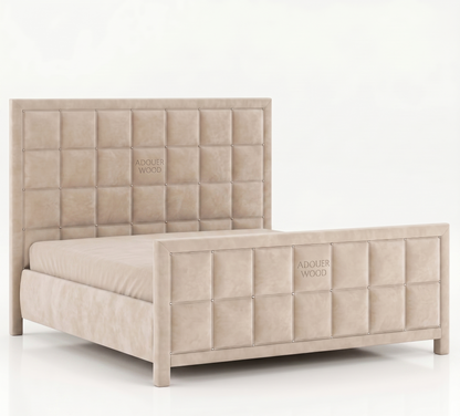 Beige upholstered bed with quilted headboard on a white background