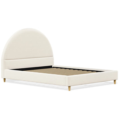 Beige upholstered bed with round headboard on a white background