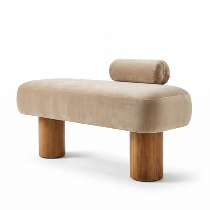 Beige upholstered bench with wooden legs on a white background