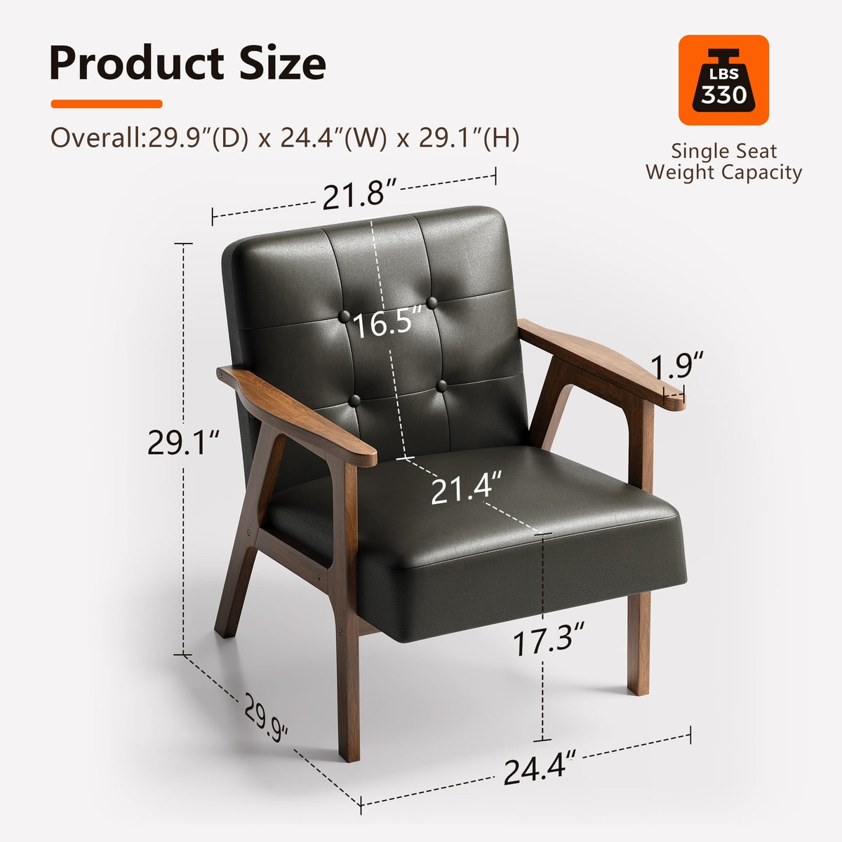 Black armchair with dimensions and weight capacity information on a white background
