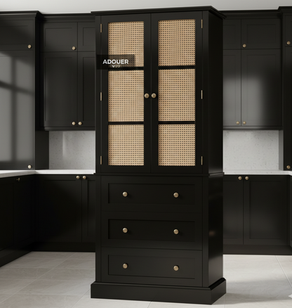 Black cabinet with woven design doors in a kitchen setting