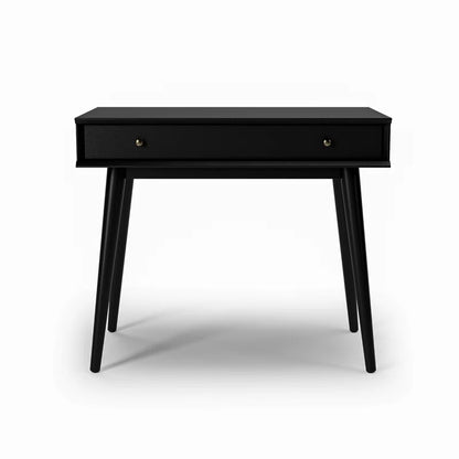 Black desk with a single drawer on a white background