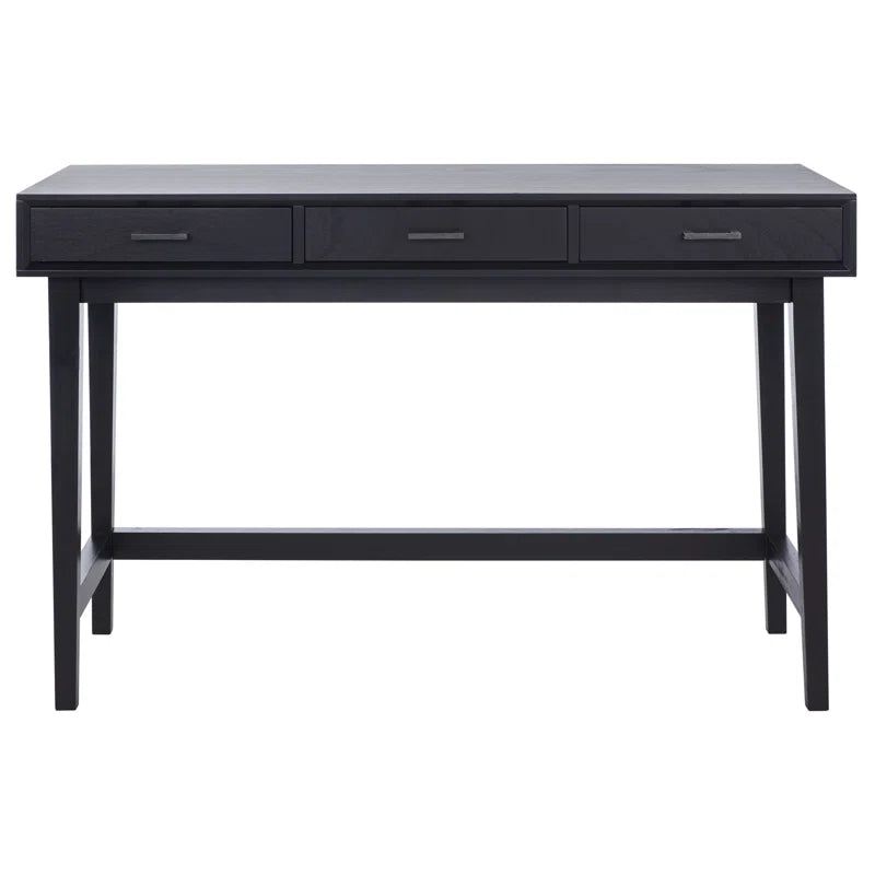 Black desk with three drawers on a white background
