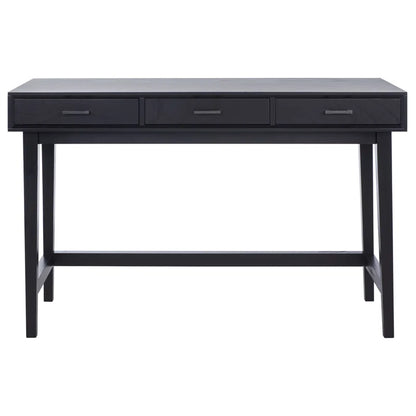 Black desk with three drawers on a white background