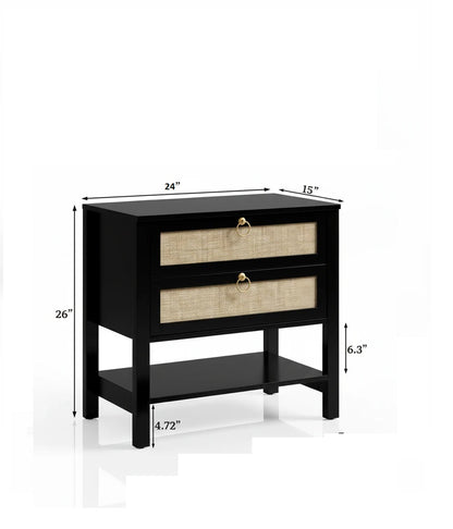Black nightstand with dimensions labeled on a white background