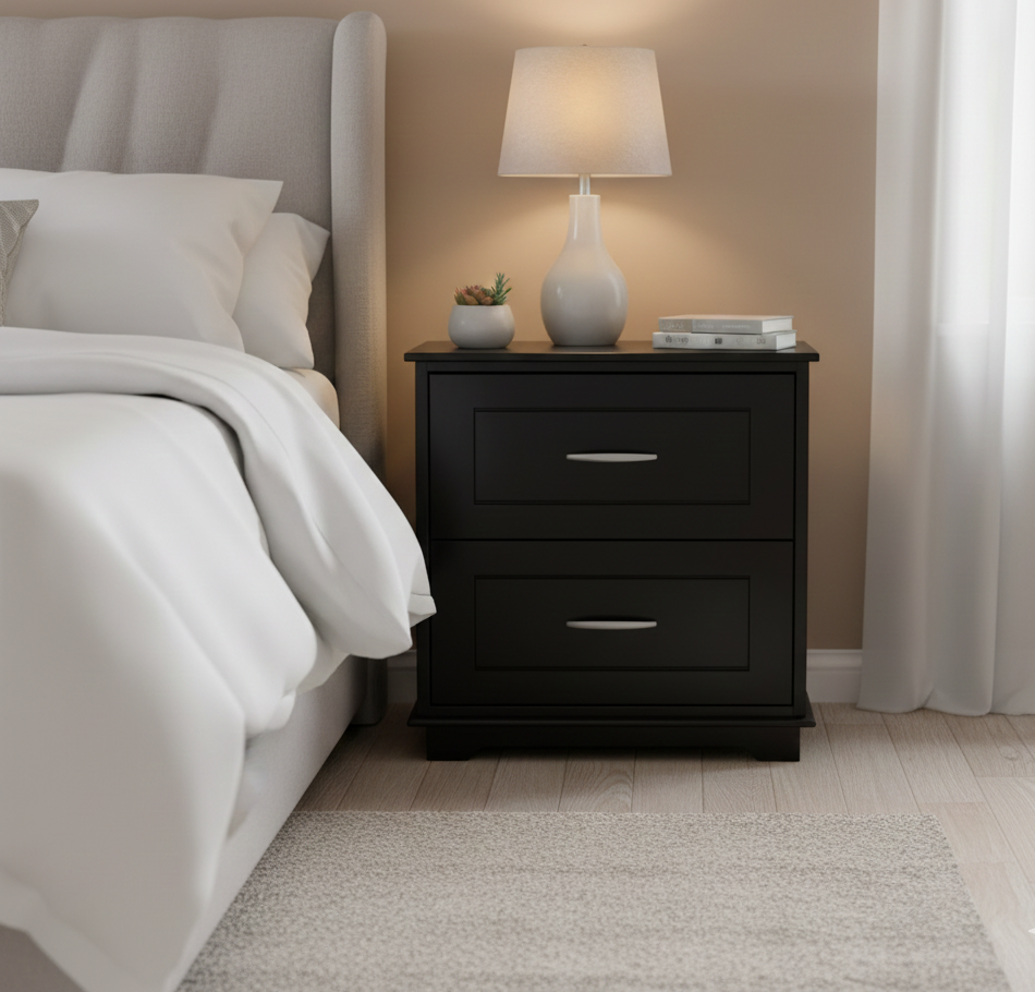 Black nightstand with two drawers next to a bed in a bedroom setting.