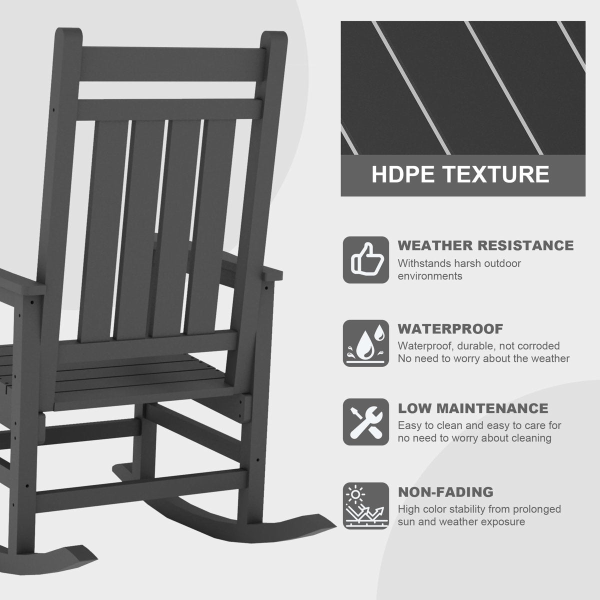Black rocking chair with HDPE texture features on a gray background