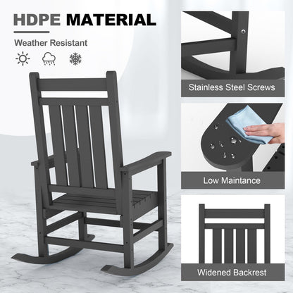 Black rocking chair with features highlighted on a white background