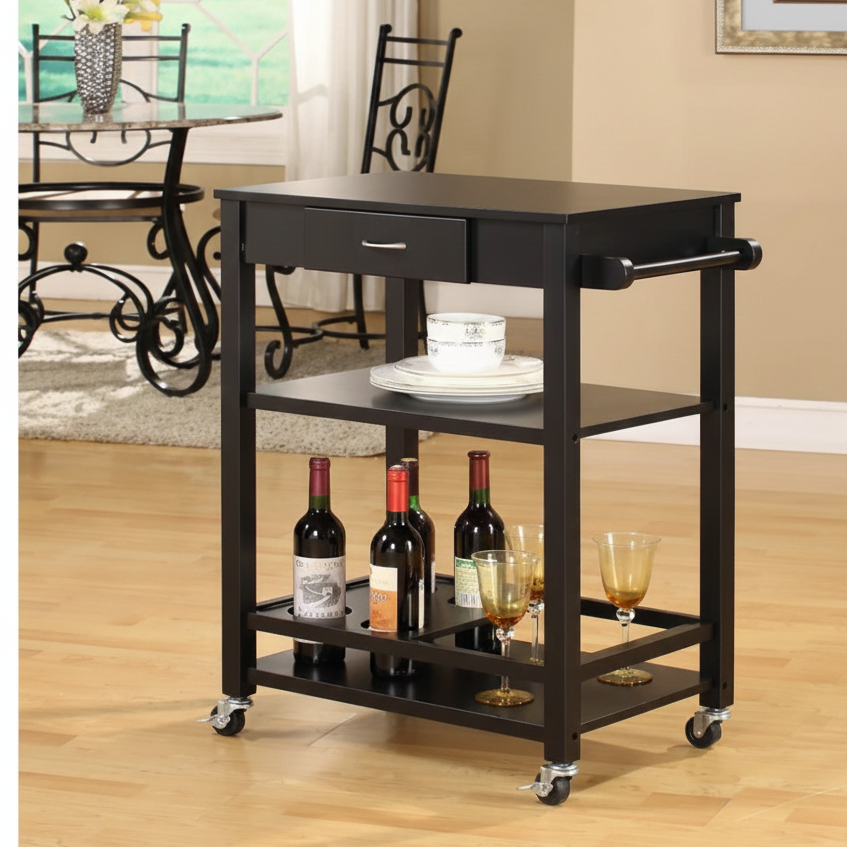 Black serving cart with wine bottles and glasses on a wooden floor.