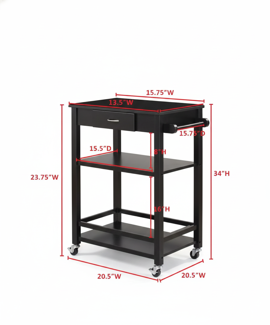 Black serving cart with dimensions labeled on a white background