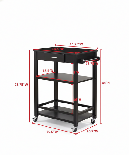Black serving cart with dimensions labeled on a white background