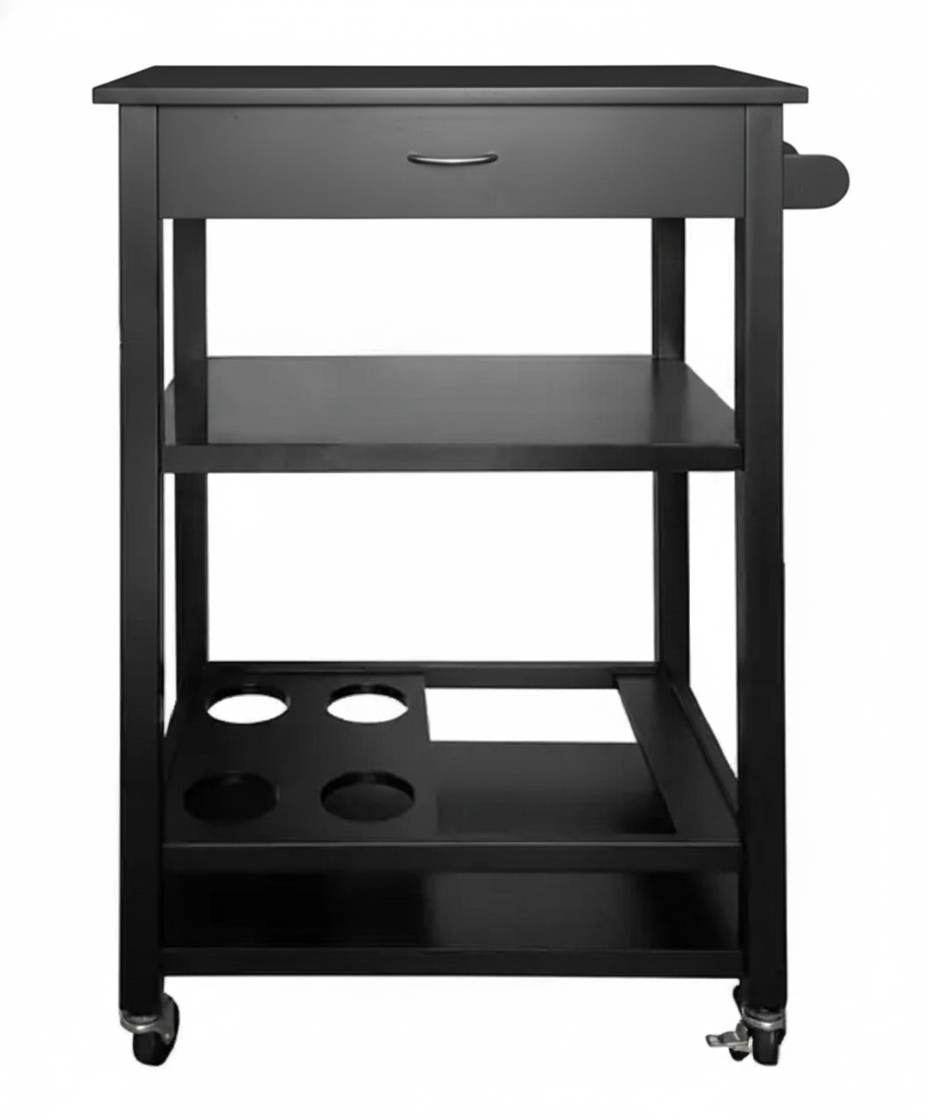 Black serving cart with wheels on a white background