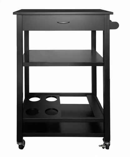Black serving cart with wheels on a white background